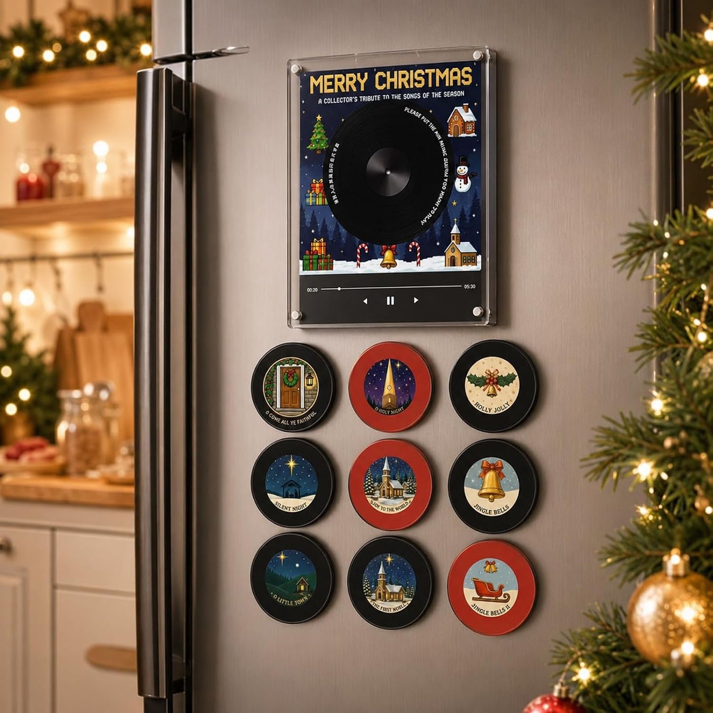 Magnetic Fridge Vinyl Music Box Christmas Jingle Player Set with 9 NFC Style Discs and USB C 128mb Mini Record Decor Magnets for Refrigerator Custom Storage Personalized Retro
