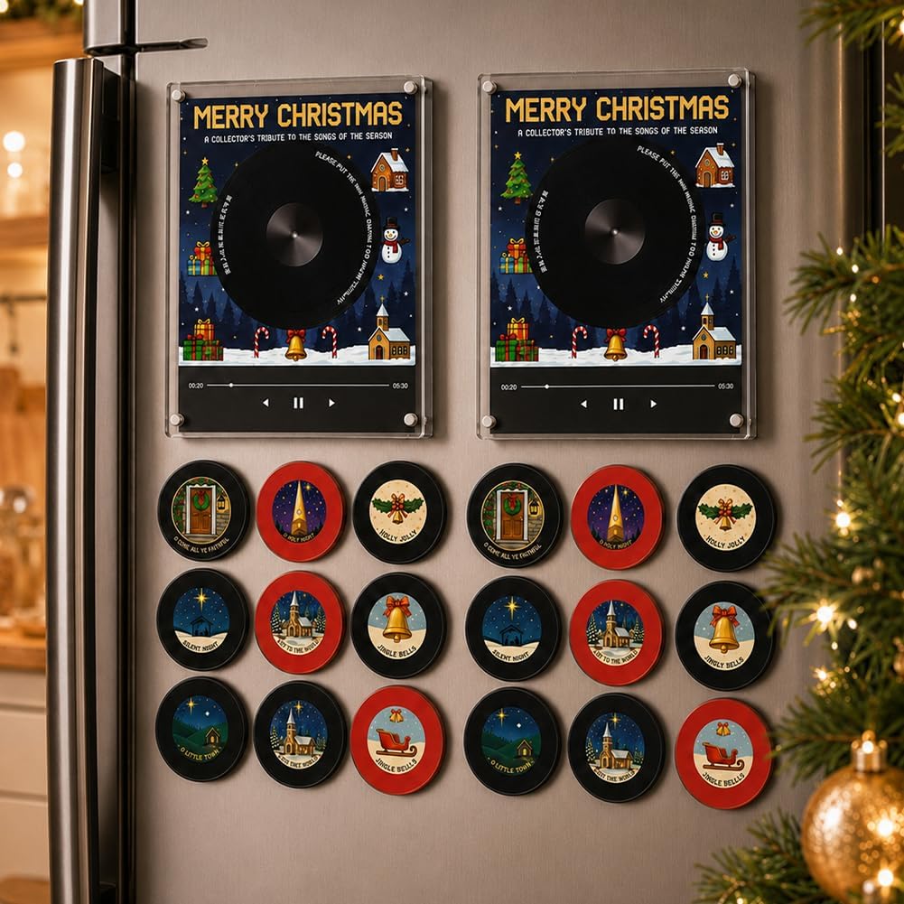 Magnetic Fridge Vinyl Music Box Christmas Jingle Player Set with 9 NFC Style Discs and USB C 128mb Mini Record Decor Magnets for Refrigerator Custom Storage Personalized Retro
