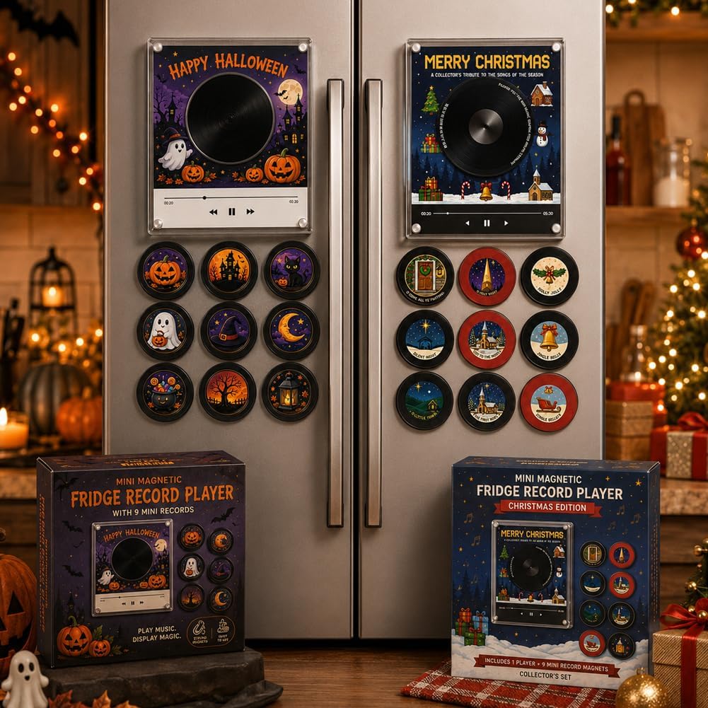 Magnetic Fridge Vinyl Music Box Christmas Jingle Player Set with 9 NFC Style Discs and USB C 128mb Mini Record Decor Magnets for Refrigerator Custom Storage Personalized Retro