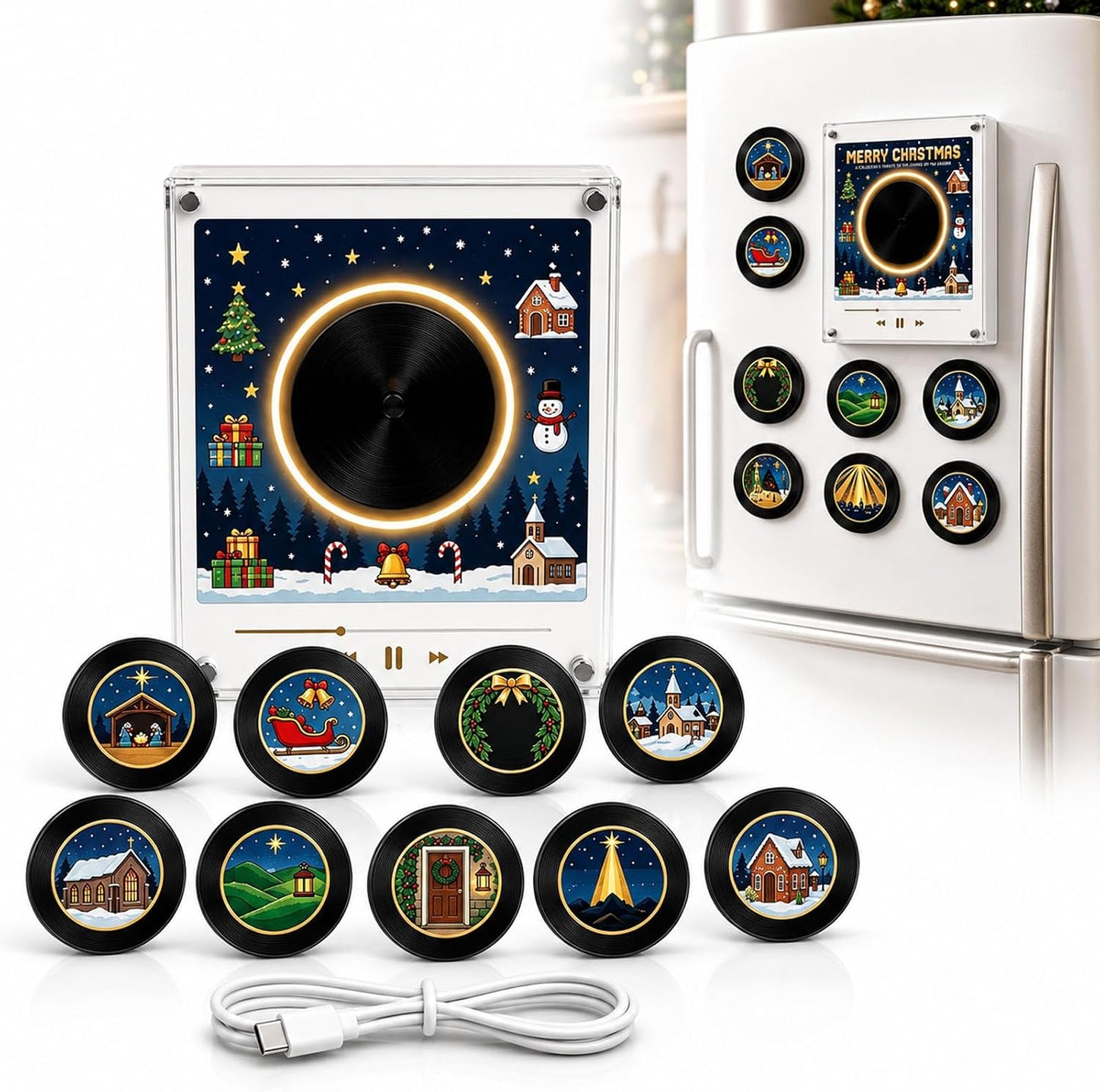 2027 New Magnetic Fridge Record Player, Christmas Magnetic Fridge Vinyl Music Box with 9 NFC Discs, Custom MP3 Mini Vinyl Record Player Magnet for Refrigerator