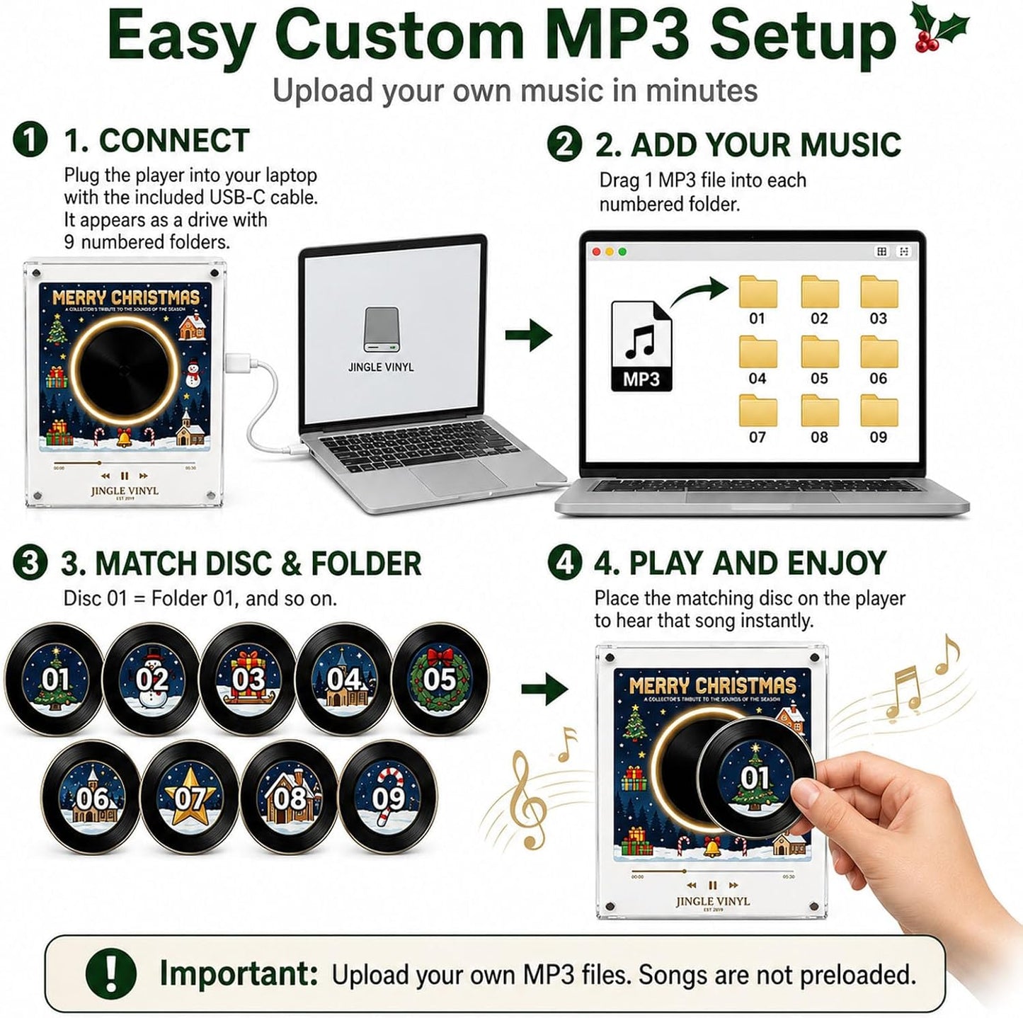 2027 New Magnetic Fridge Record Player, Christmas Magnetic Fridge Vinyl Music Box with 9 NFC Discs, Custom MP3 Mini Vinyl Record Player Magnet for Refrigerator