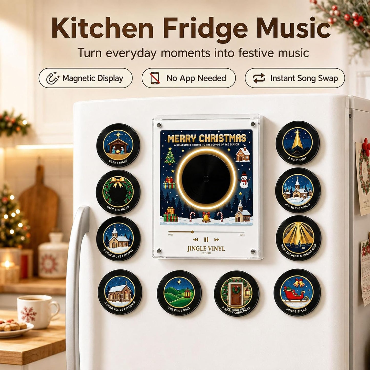 2027 New Magnetic Fridge Record Player, Christmas Magnetic Fridge Vinyl Music Box with 9 NFC Discs, Custom MP3 Mini Vinyl Record Player Magnet for Refrigerator