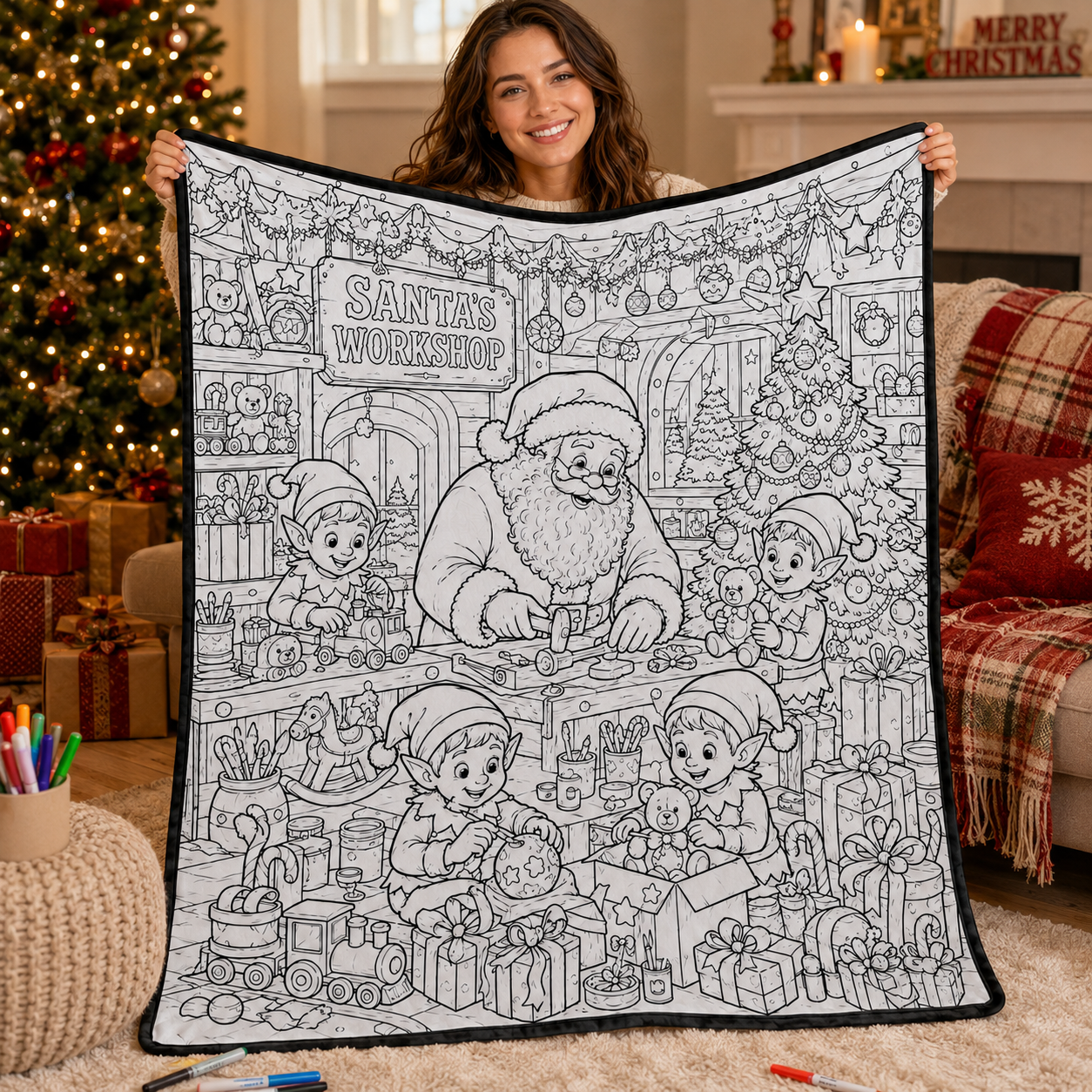 DIY Christmas Drawing Blanket with 24-Color Paint Markers – Customizable Plush Coloring Blanket